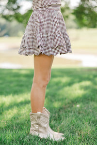 Girls: Purely Me Brown Gingham Scallop Edge Skort