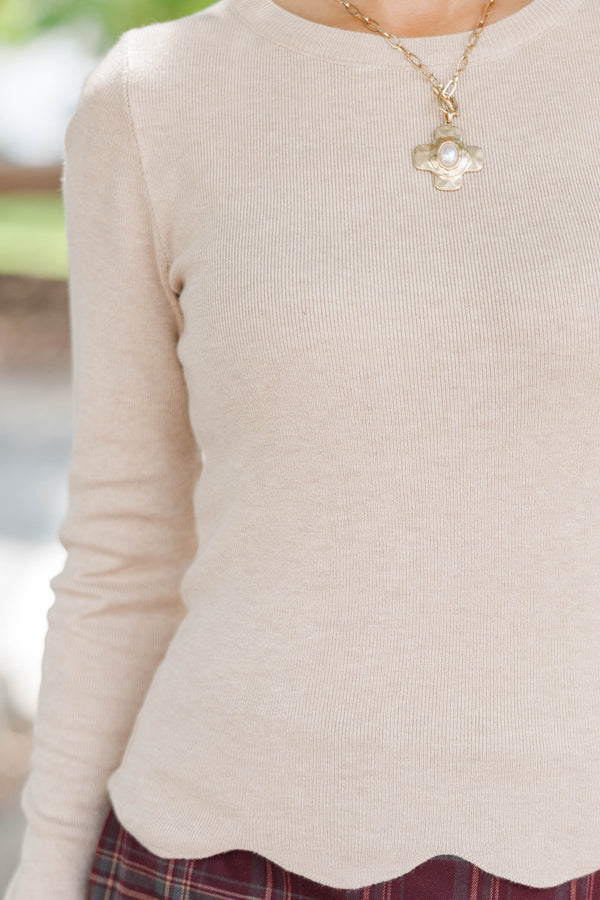 The Perfect Layer Oatmeal Scallop Ribbed Sweater