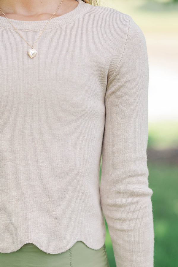 Girls: The Perfect Layer Oatmeal Scallop Ribbed Sweater