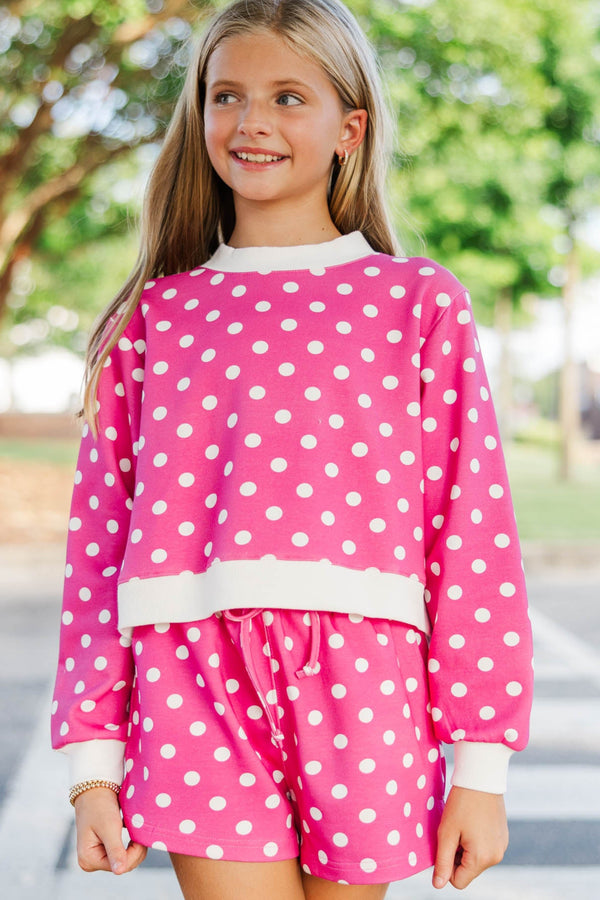 Girls: Born To Move Magenta Polka Dot Cropped Mockneck Pullover