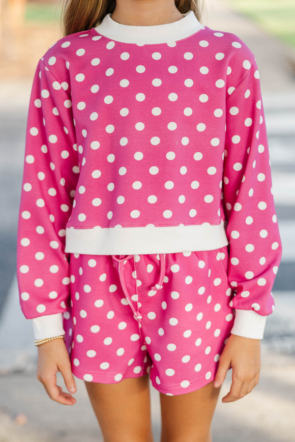 Girls: Born To Move Magenta Polka Dot Cropped Mockneck Pullover