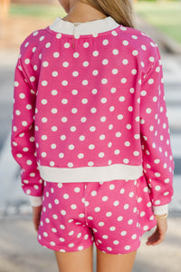 Girls: Born To Move Magenta Polka Dot Cropped Mockneck Pullover