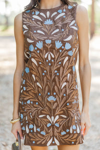 A Sweet Escape Brown Suede Embroidered Dress