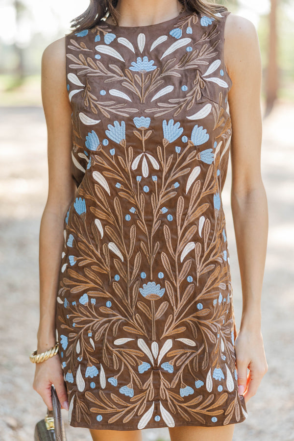 A Sweet Escape Brown Suede Embroidered Dress