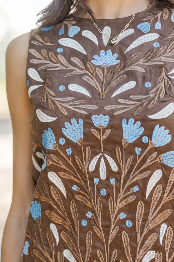 A Sweet Escape Brown Suede Embroidered Dress