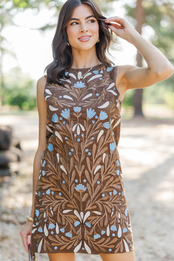A Sweet Escape Brown Suede Embroidered Dress