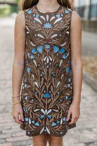 Girls: A Sweet Escape Brown Suede Embroidered Dress