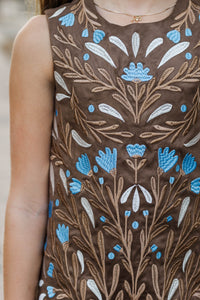 Girls: A Sweet Escape Brown Suede Embroidered Dress