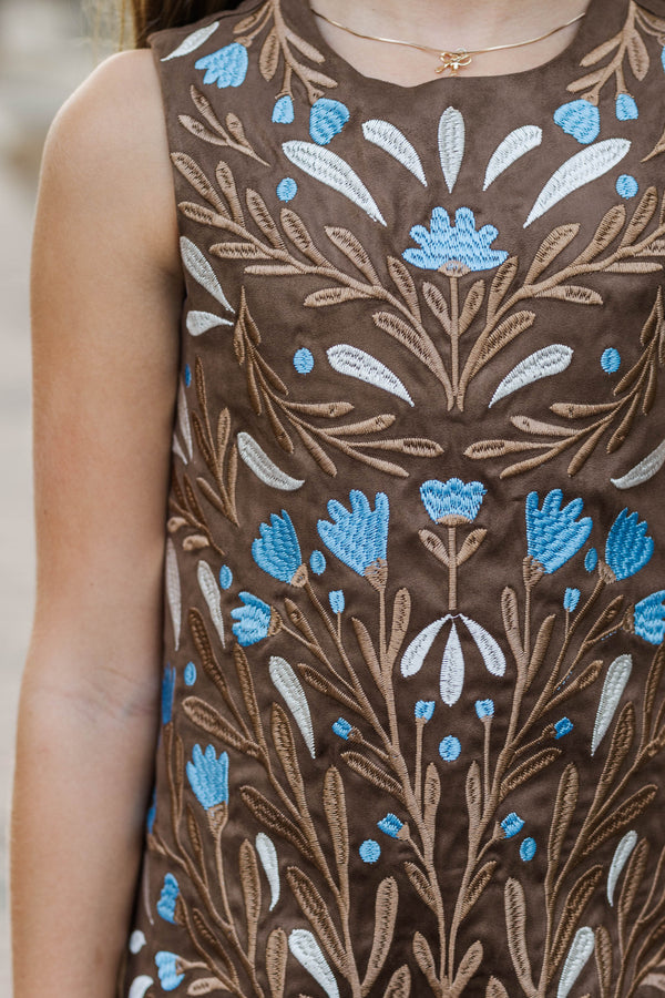 Girls: A Sweet Escape Brown Suede Embroidered Dress