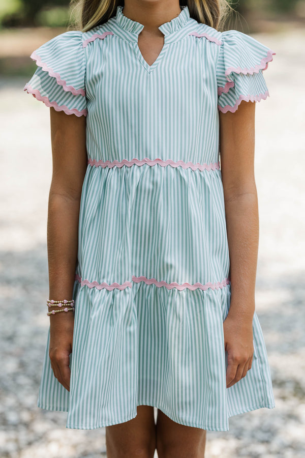 Girls: Come For It Green Striped Trim Babydoll Dress