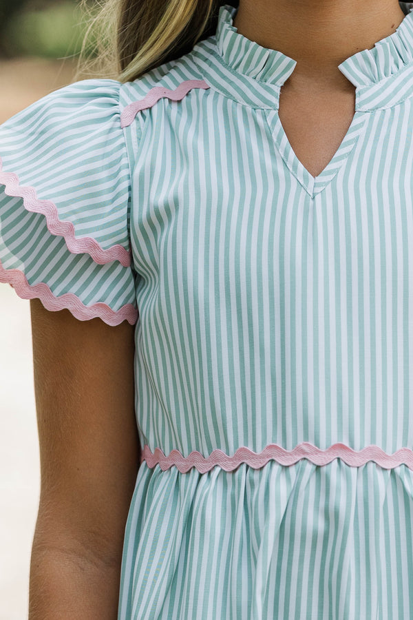 Girls: Come For It Green Striped Trim Babydoll Dress
