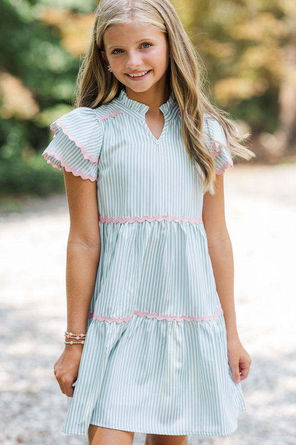 Girls: Come For It Green Striped Trim Babydoll Dress