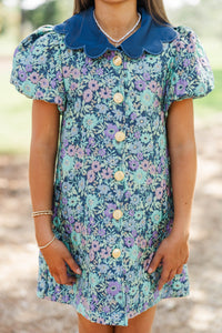 Girls: Gentle Ways Blue Brocade Scalloped Dress