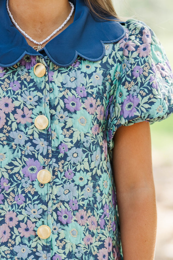 Girls: Gentle Ways Blue Brocade Scalloped Dress
