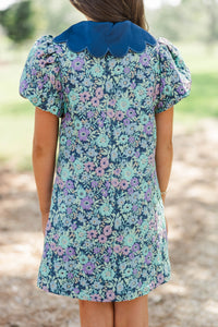 Girls: Gentle Ways Blue Brocade Scalloped Dress