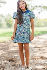 Girls: Gentle Ways Blue Brocade Scalloped Dress