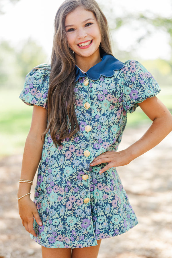 Girls: Gentle Ways Blue Brocade Scalloped Dress