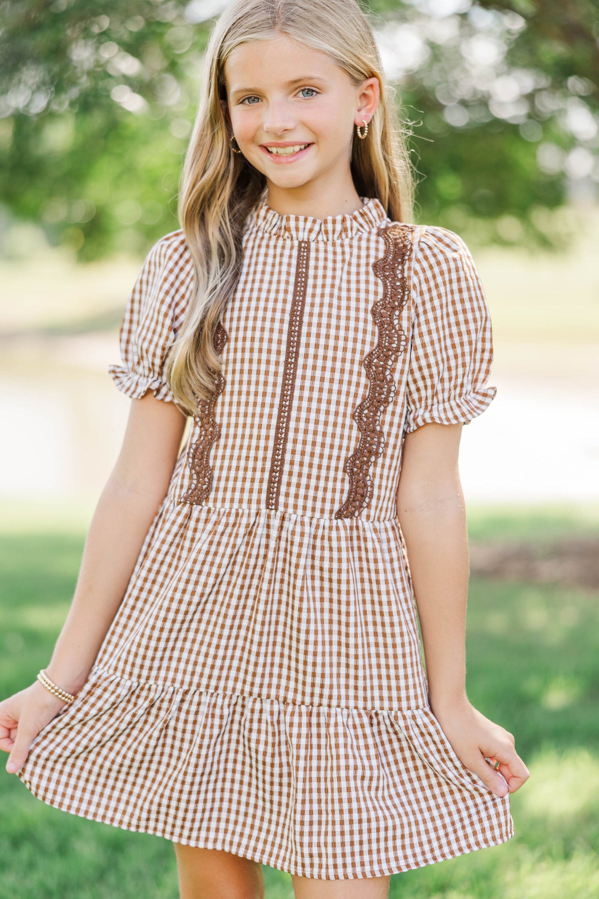 toddler girl brown gingham dress Girls: Your Fairytale – Shop the Mint The long sleeves and peacock/gold Adrianna Papell Plus Size Adult size:8 US