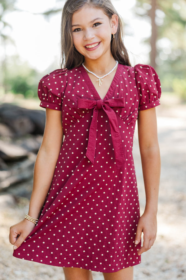 Girls: Original Charm Burgundy Polka Dot Dress