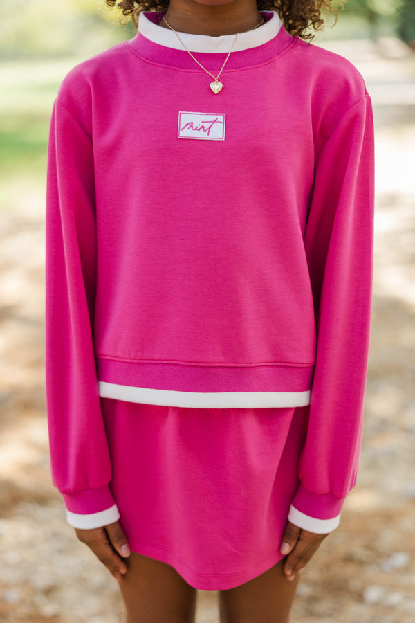 Girls: Fast Track Magenta Cropped Mockneck Patch Pullover