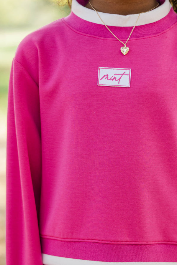 Girls: Fast Track Magenta Cropped Mockneck Patch Pullover