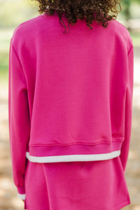 Girls: Fast Track Magenta Cropped Mockneck Patch Pullover