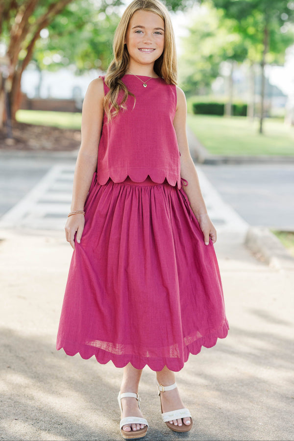 Girls: For The Day Ahead Burgundy Scalloped Midi Skirt