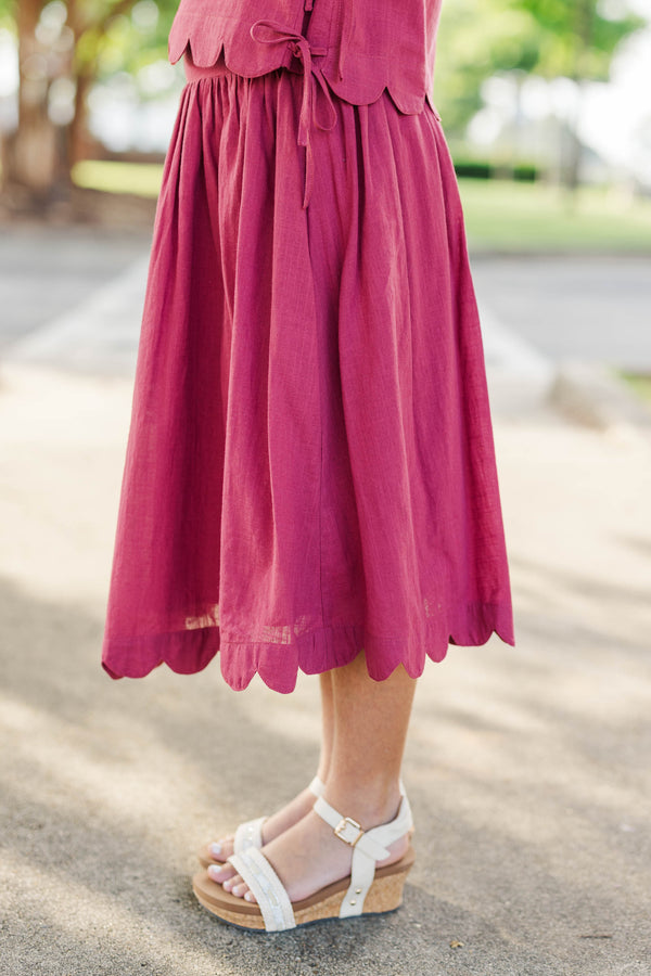 Girls: For The Day Ahead Burgundy Scalloped Midi Skirt