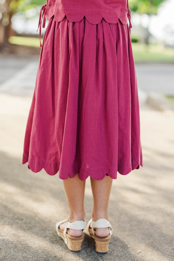 Girls: For The Day Ahead Burgundy Scalloped Midi Skirt