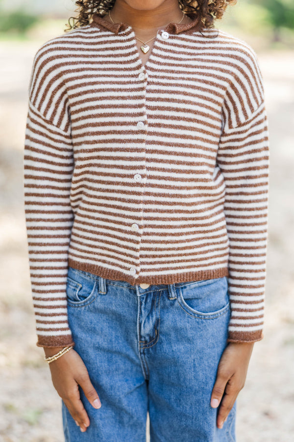 Girls: Fun Detail Brown Striped Cardigan