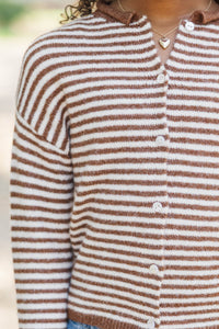 Girls: Fun Detail Brown Striped Cardigan