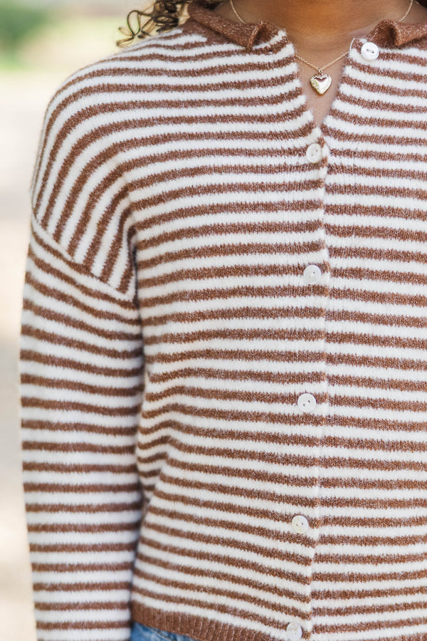 Girls: Fun Detail Brown Striped Cardigan