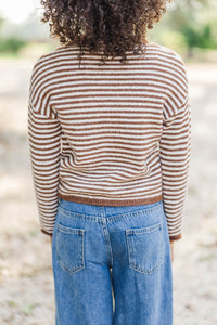 Girls: Fun Detail Brown Striped Cardigan