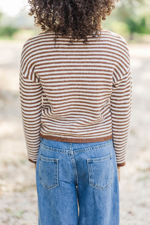 Girls: Fun Detail Brown Striped Cardigan