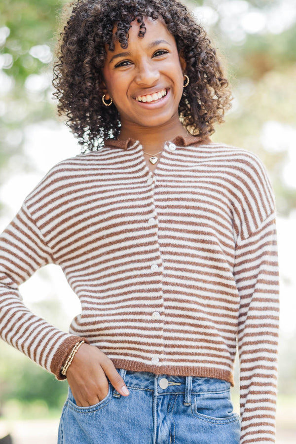 Girls: Fun Detail Brown Striped Cardigan