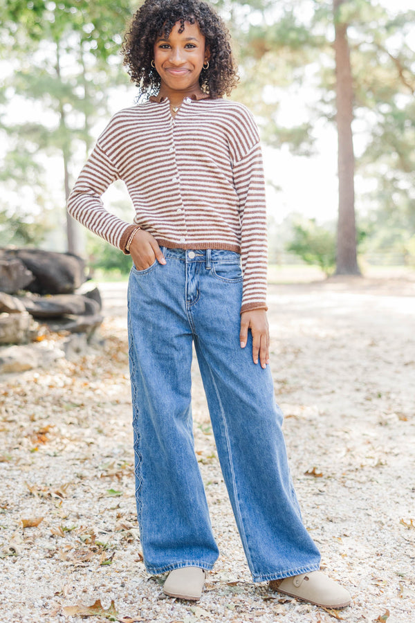 Girls: Fun Detail Brown Striped Cardigan
