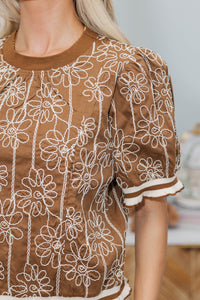 NURSING COLLECTION: Isn't It Neat Brown Embroidered Blouse