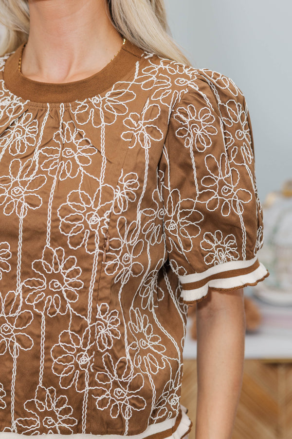 NURSING COLLECTION: Isn't It Neat Brown Embroidered Blouse