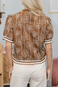 NURSING COLLECTION: Isn't It Neat Brown Embroidered Blouse