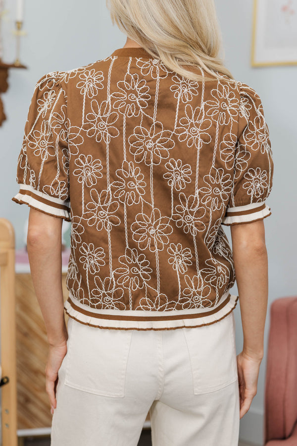 NURSING COLLECTION: Isn't It Neat Brown Embroidered Blouse