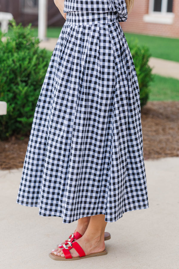 Here For The Memories Black Gingham Midi Skirt