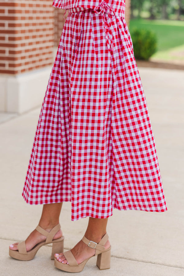 Here For The Memories Red Gingham Midi Skirt
