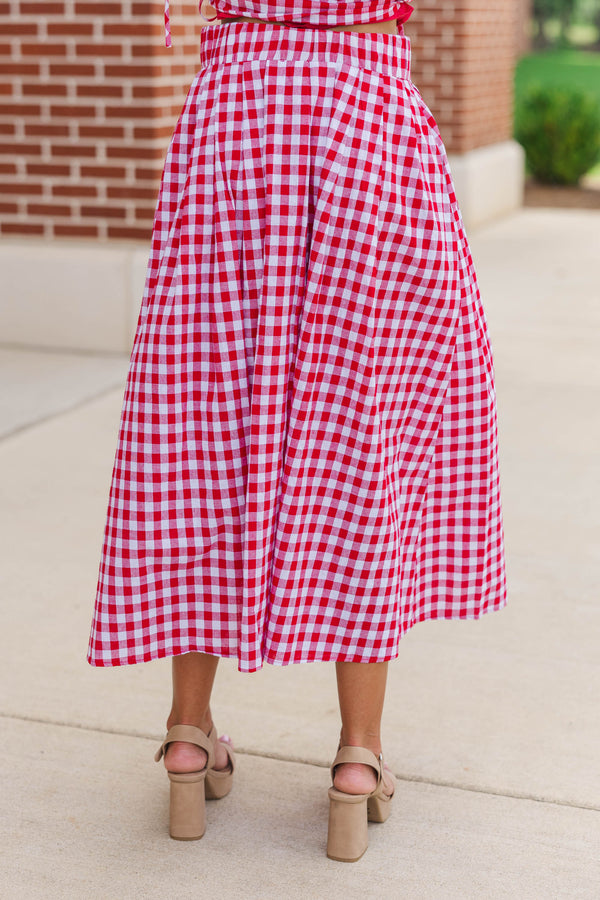 Here For The Memories Red Gingham Midi Skirt