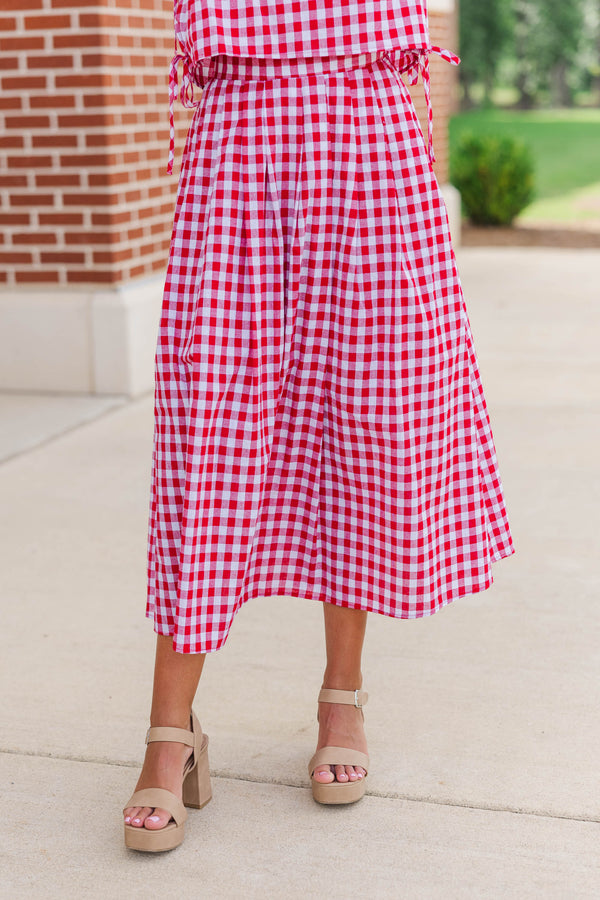 Here For The Memories Red Gingham Midi Skirt