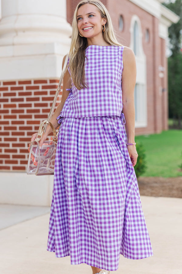 Where Joy Lives Purple Gingham Boat Neck Tank
