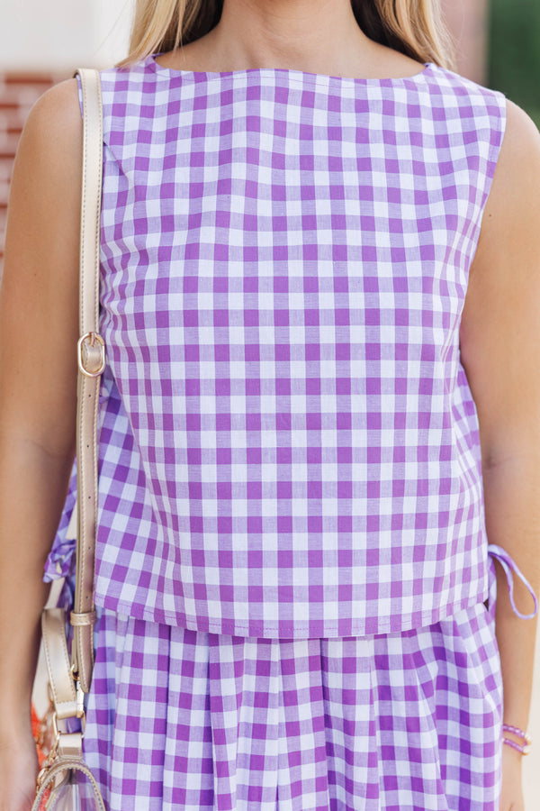 Where Joy Lives Purple Gingham Boat Neck Tank