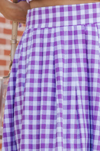 Here For The Memories Purple Gingham Midi Skirt