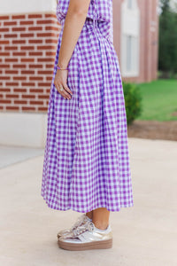 Here For The Memories Purple Gingham Midi Skirt