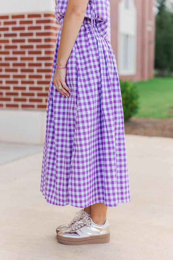 Here For The Memories Purple Gingham Midi Skirt