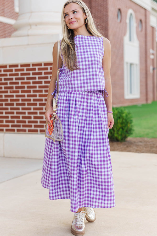 Here For The Memories Purple Gingham Midi Skirt